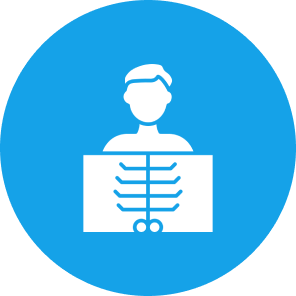 Person with chest X-ray on blue background.