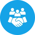 Handshake and people icons on blue background.